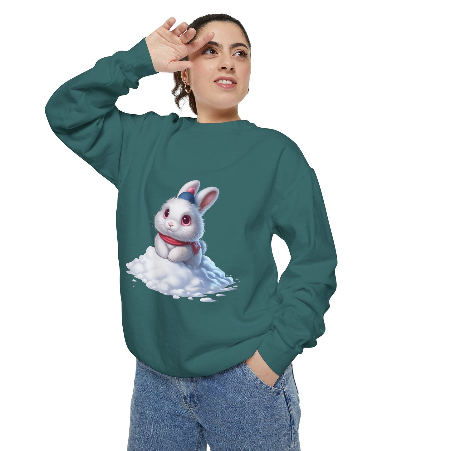 Cute Bunny Sweatshirt — White Bunny on Snow Graphic Crewneck