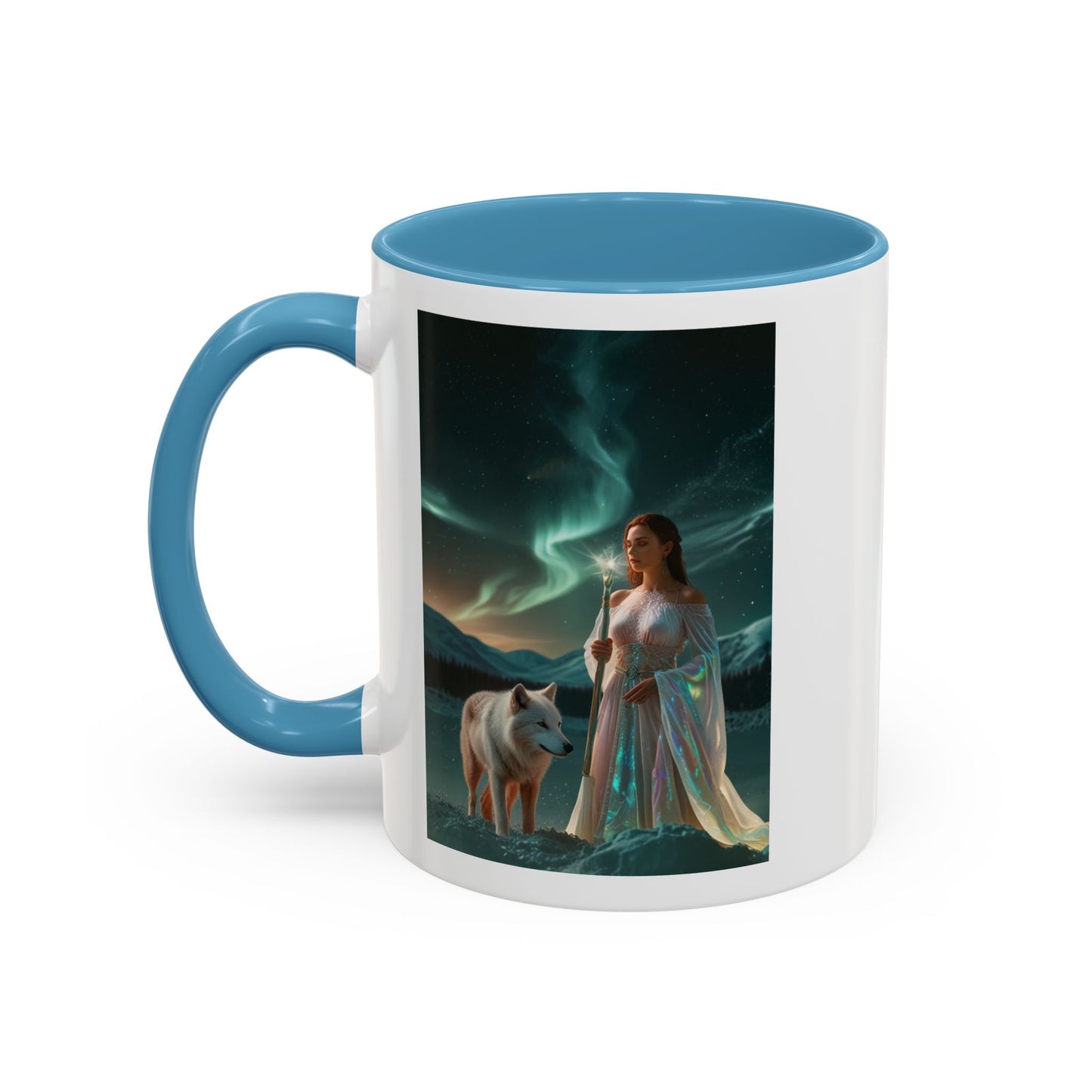 Taza de café Aurora Guardiana — Arte fantástico de mujer con lobo