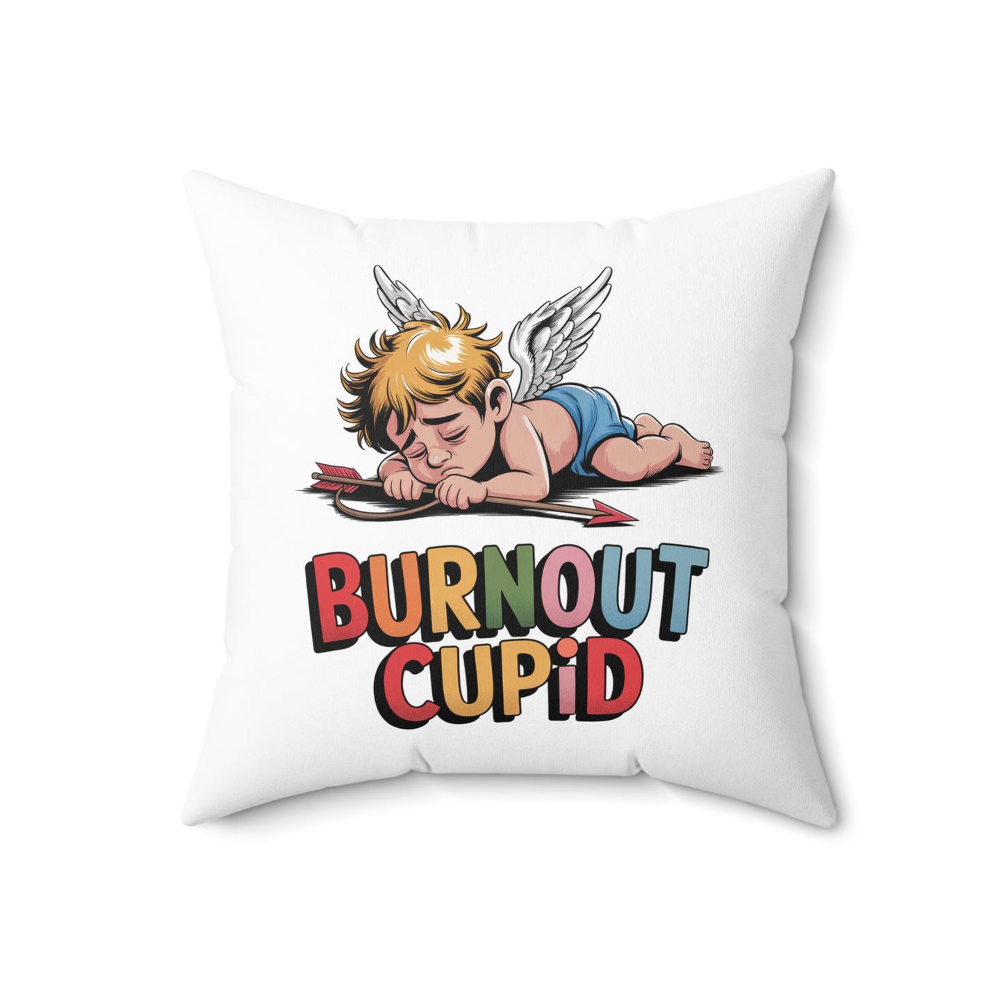 Burnout Cupid Throw Pillow — Cute Tired Cupid Decorative Pillow with 'Burnout Cupid' Text