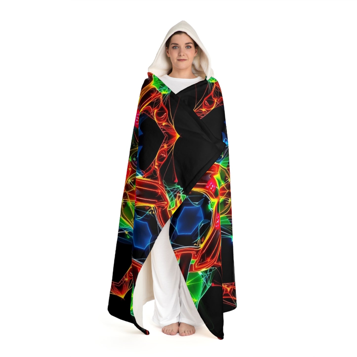 Hooded Sherpa Blanket — Vibrant Neon Geometric Flame Design, Cozy Wearable Throw