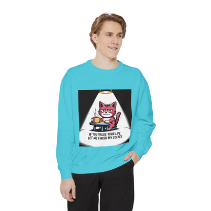 Lustiges Katzen-Sweatshirt – „Wenn dir dein Leben lieb ist, lass mich meinen Kaffee austrinken“ – Kuscheliger Pullover mit Grafikprint