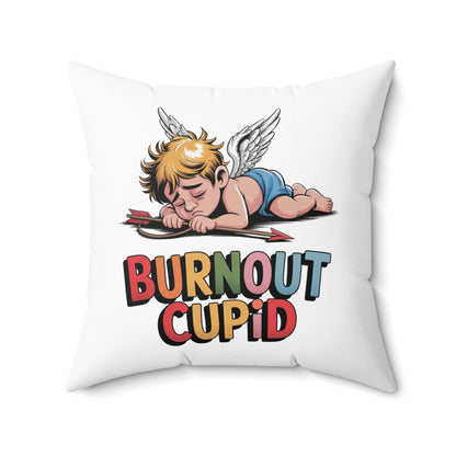 Burnout Cupid Throw Pillow — Cute Tired Cupid Decorative Pillow with 'Burnout Cupid' Text