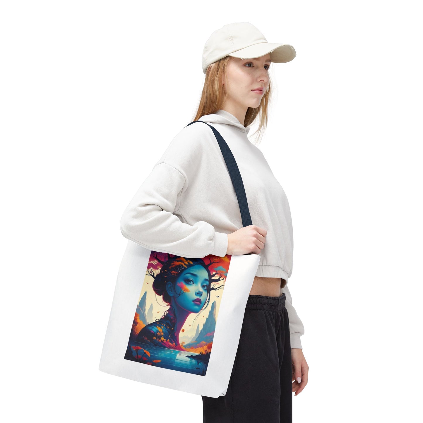 Artistic Blue Forest Maiden Tote Bag - Surreal Portrait All-Over Print
