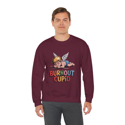 Burnout Cupid Sweatshirt — Tired Cupid Graphic Crewneck for Valentine’s Day