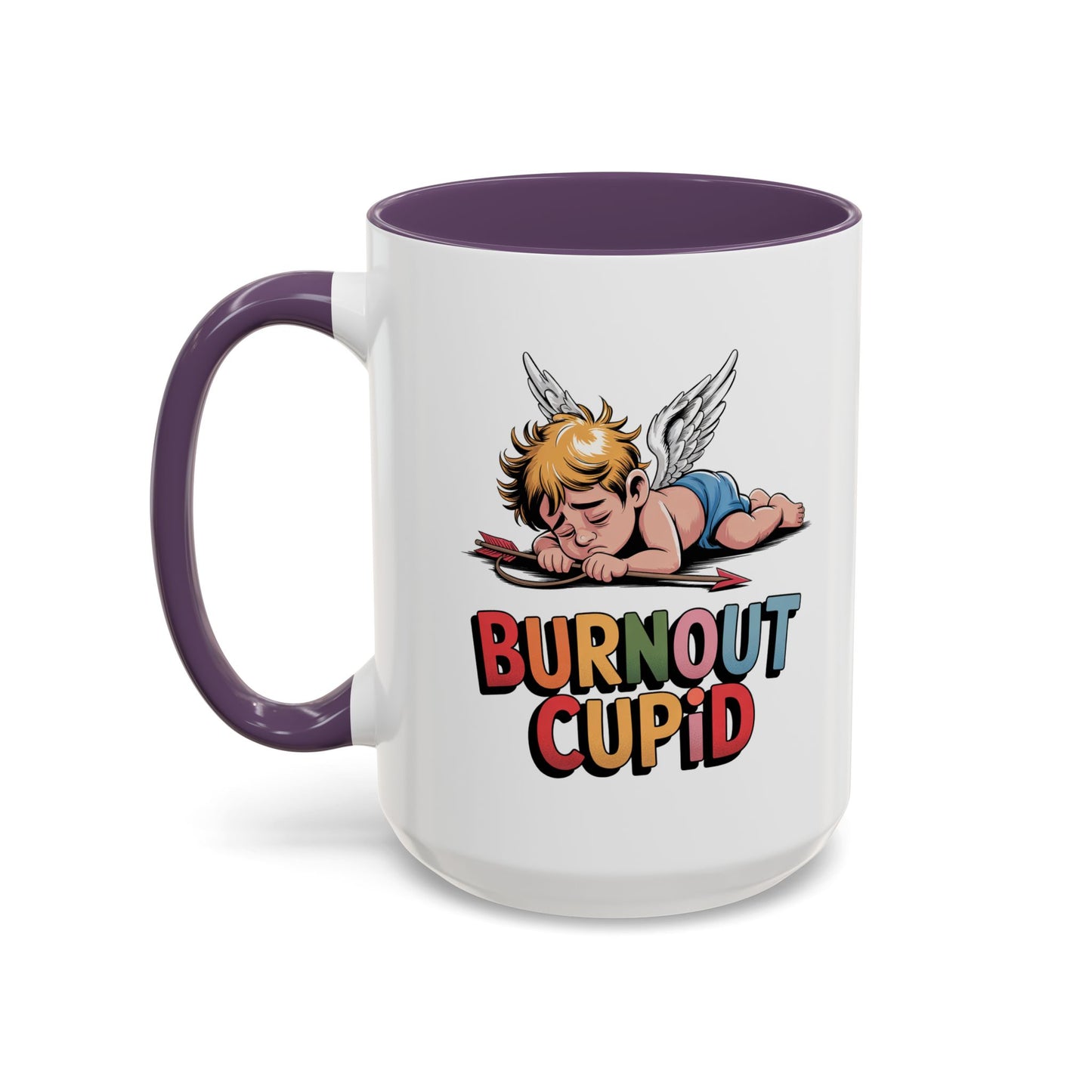 Burnout Cupid Coffee Mug — Cute Tired Cupid Accent Mug (11/15 oz)