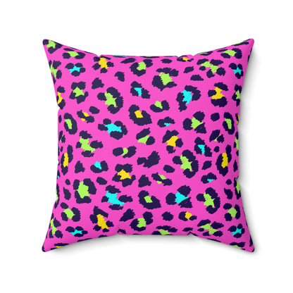 Pink Neon Leopard Print Square Pillow – Bright Animal Print Decorative Cushion