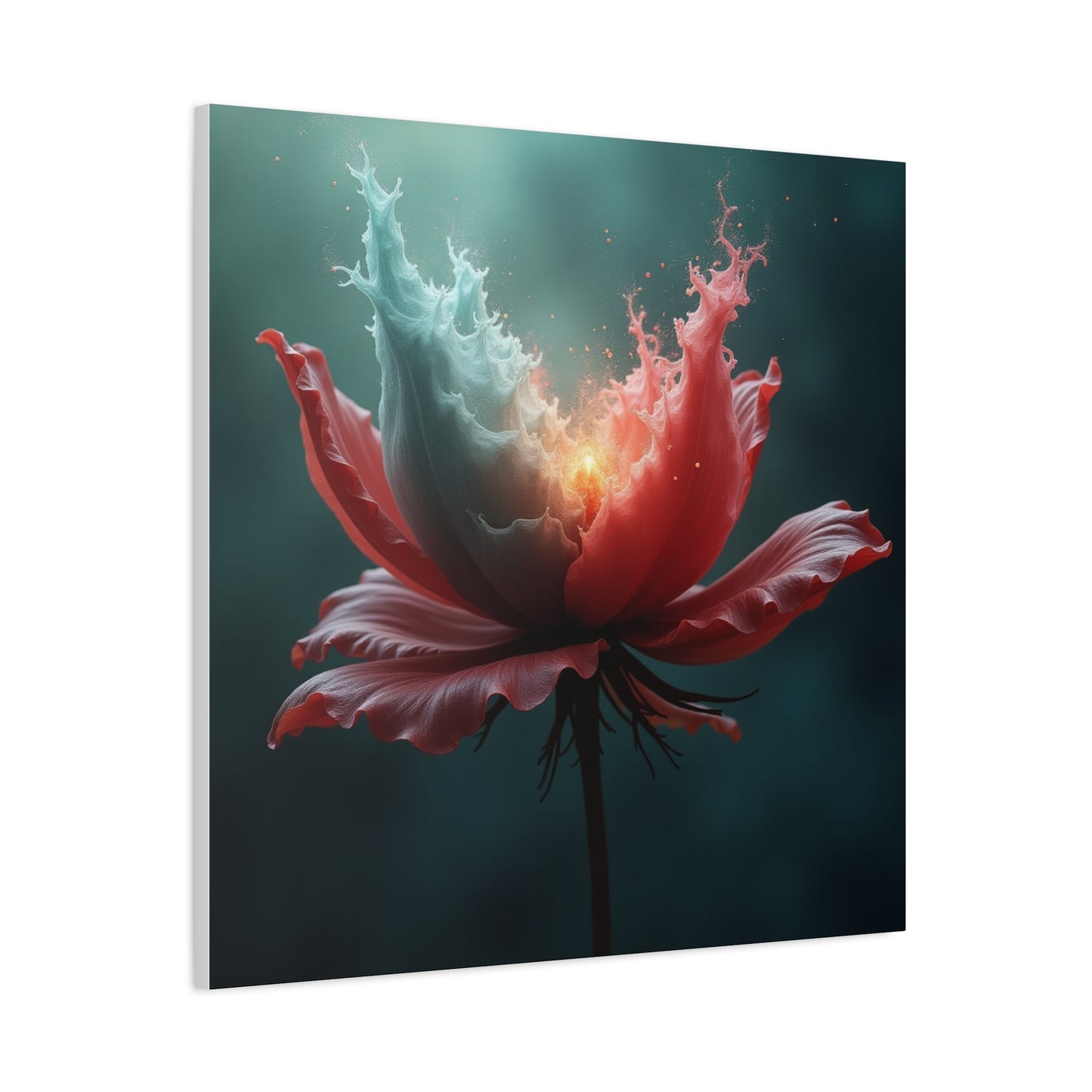 Surreal Bloom Canvas Art — Fiery Red & Teal Flower Matte Stretched Print