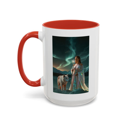 Taza de café Aurora Guardiana — Arte fantástico de mujer con lobo