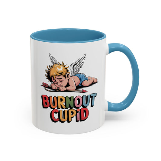 Burnout Cupid Coffee Mug — Cute Tired Cupid Accent Mug (11/15 oz)