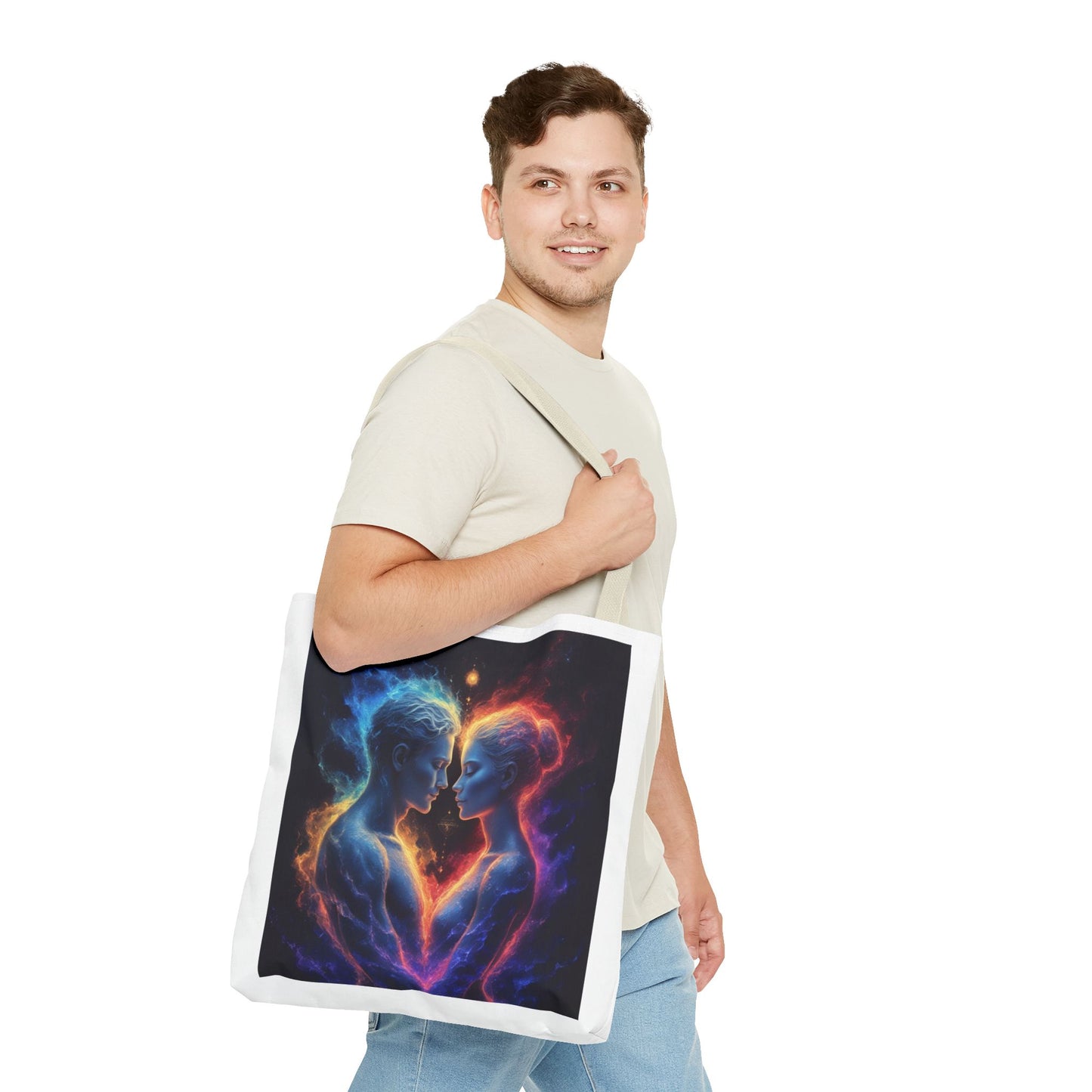 Cosmic Lovers Tote Bag — Neon Fire & Ice Couple Art AOP Tote