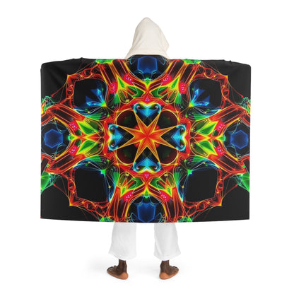 Hooded Sherpa Blanket — Vibrant Neon Geometric Flame Design, Cozy Wearable Throw