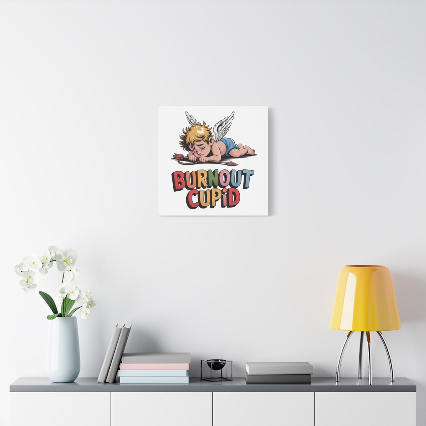 Burnout Cupid Matte Canvas Wall Art — Tired Cupid Illustration for Valentine’s Day, Self-Care & Humor