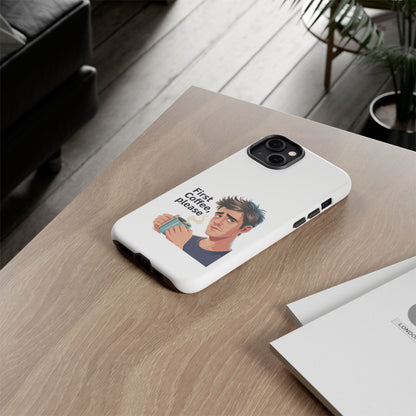 Funda para iPhone: "Primer café, por favor". Ilustración divertida del café de la mañana.