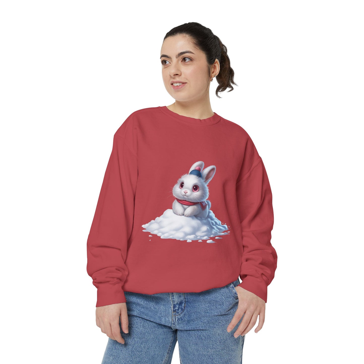Cute Bunny Sweatshirt — White Bunny on Snow Graphic Crewneck