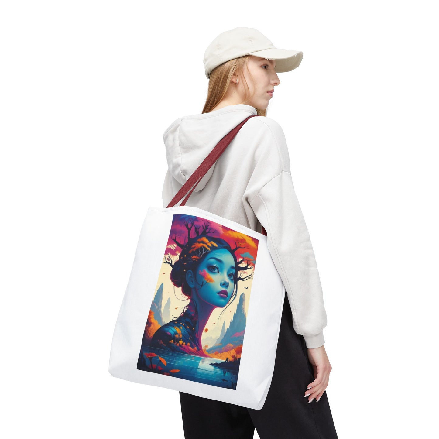 Artistic Blue Forest Maiden Tote Bag - Surreal Portrait All-Over Print