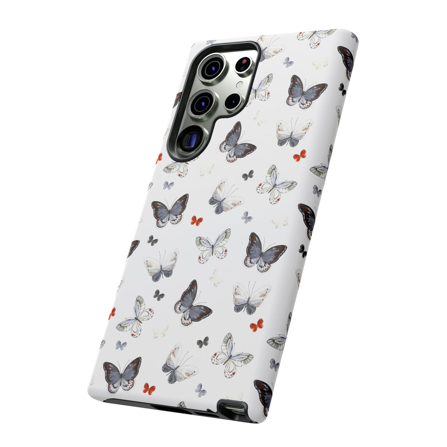 Funda para Samsung con diseño de mariposas: elegante funda protectora monocromática con detalles en rojo