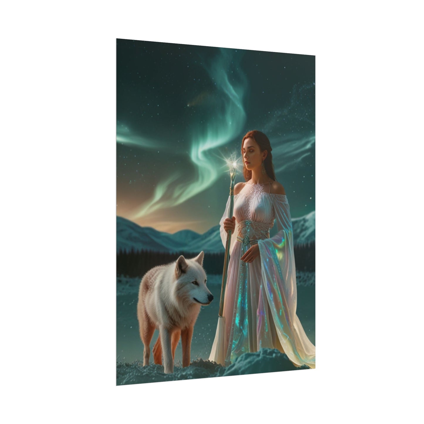 Aurora Guardian Poster – Fantasy-Frau mit weißem Wolf (Wandbild)