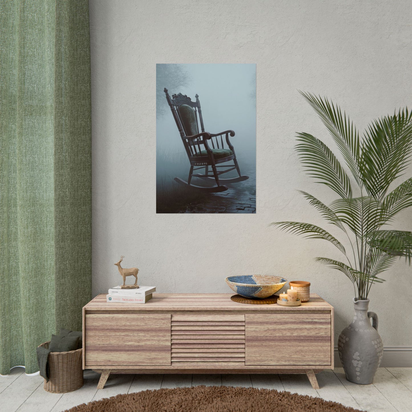 Vintage-Schaukelstuhl-Poster – Stimmungsvolles, nebliges Cottage-Wandbild (gerolltes Poster)