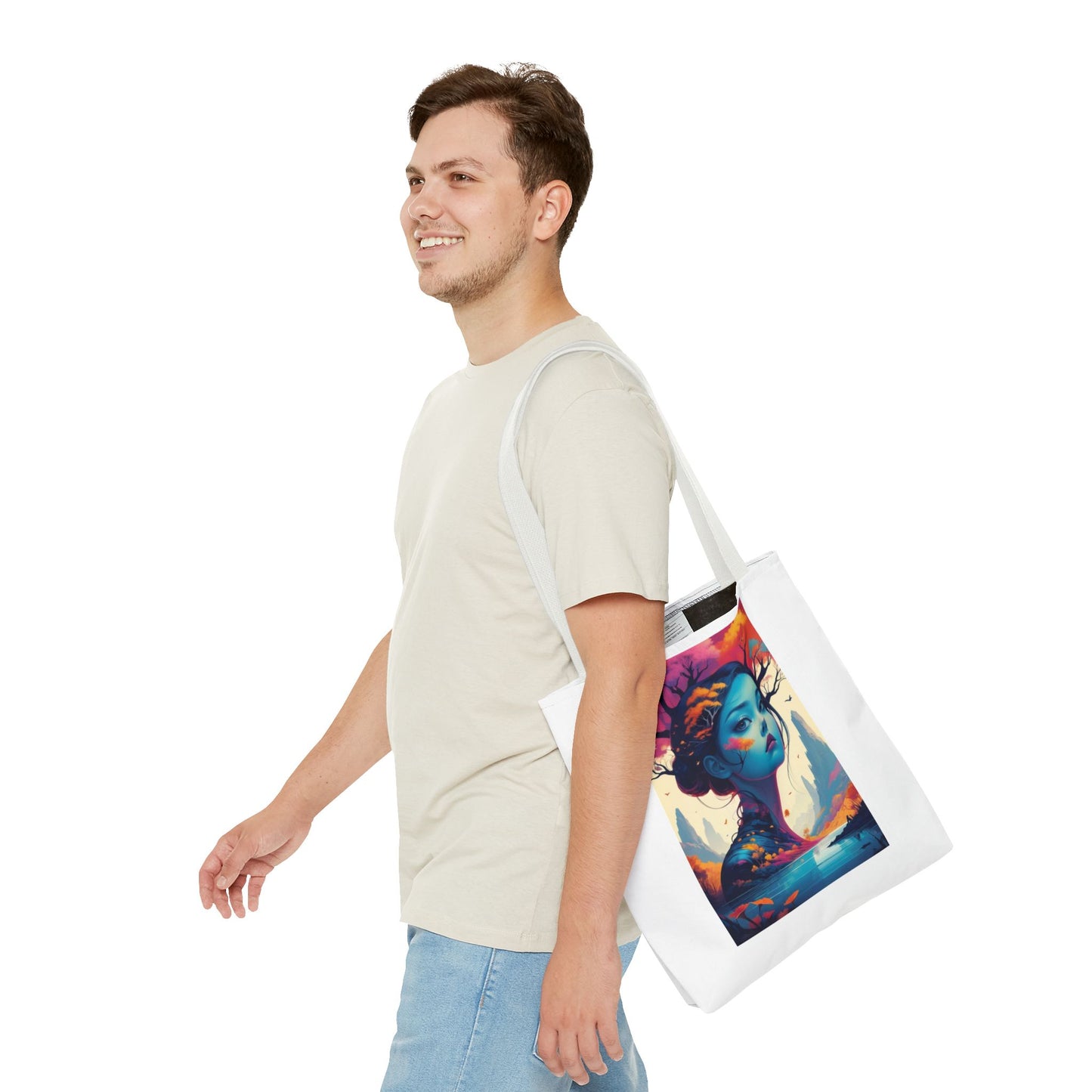 Artistic Blue Forest Maiden Tote Bag - Surreal Portrait All-Over Print