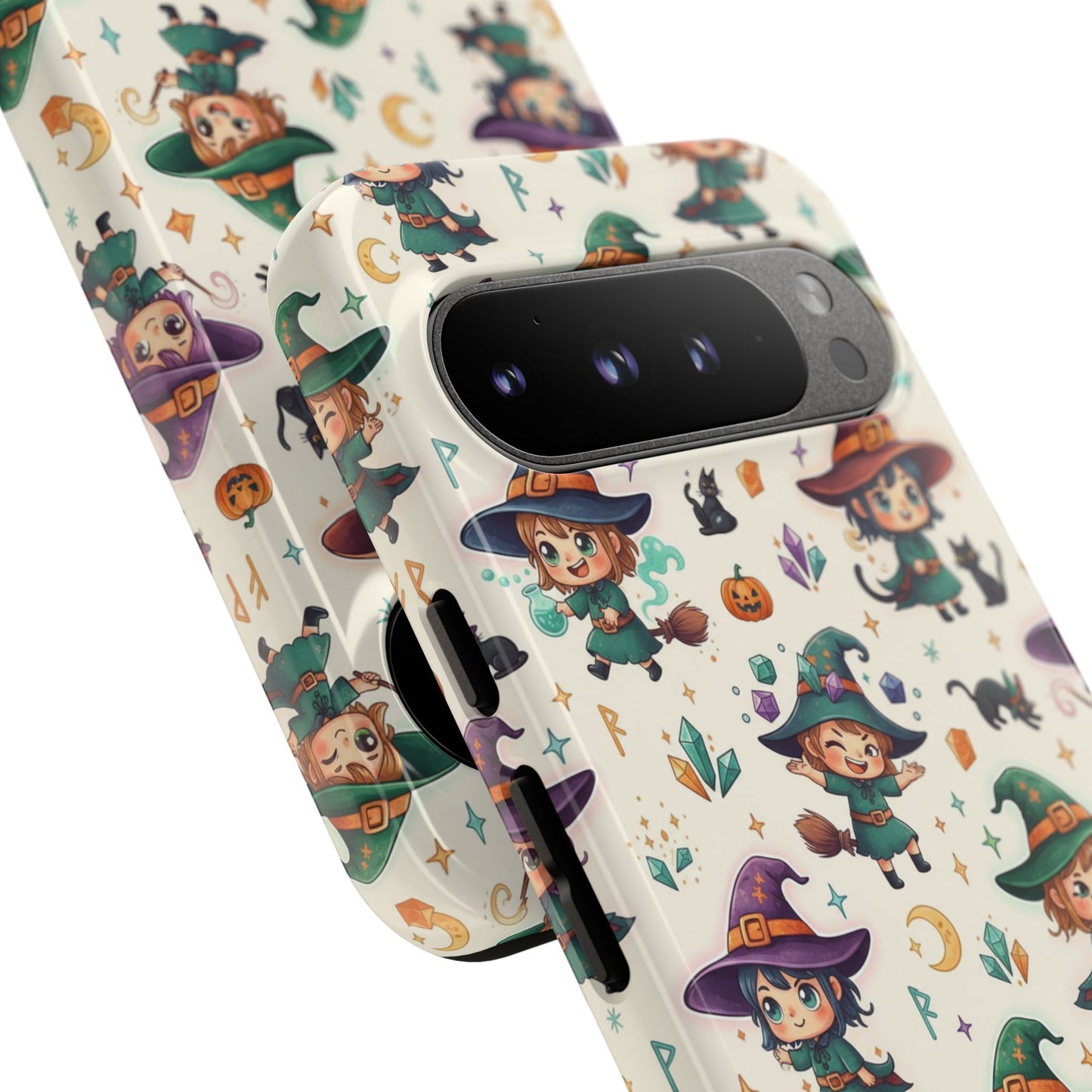 Google Phone - Cute Halloween Witch Phone Case – Cartoon Witches, Black Cats & Pumpkins