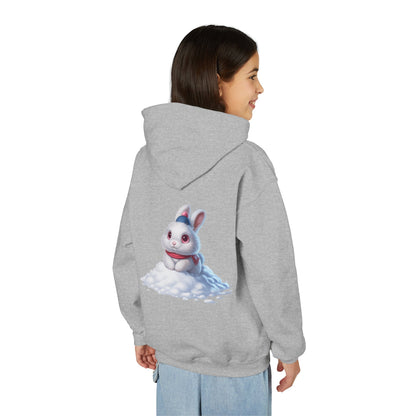 Youth Hoodie — Cute White Bunny in Snowback Graphic