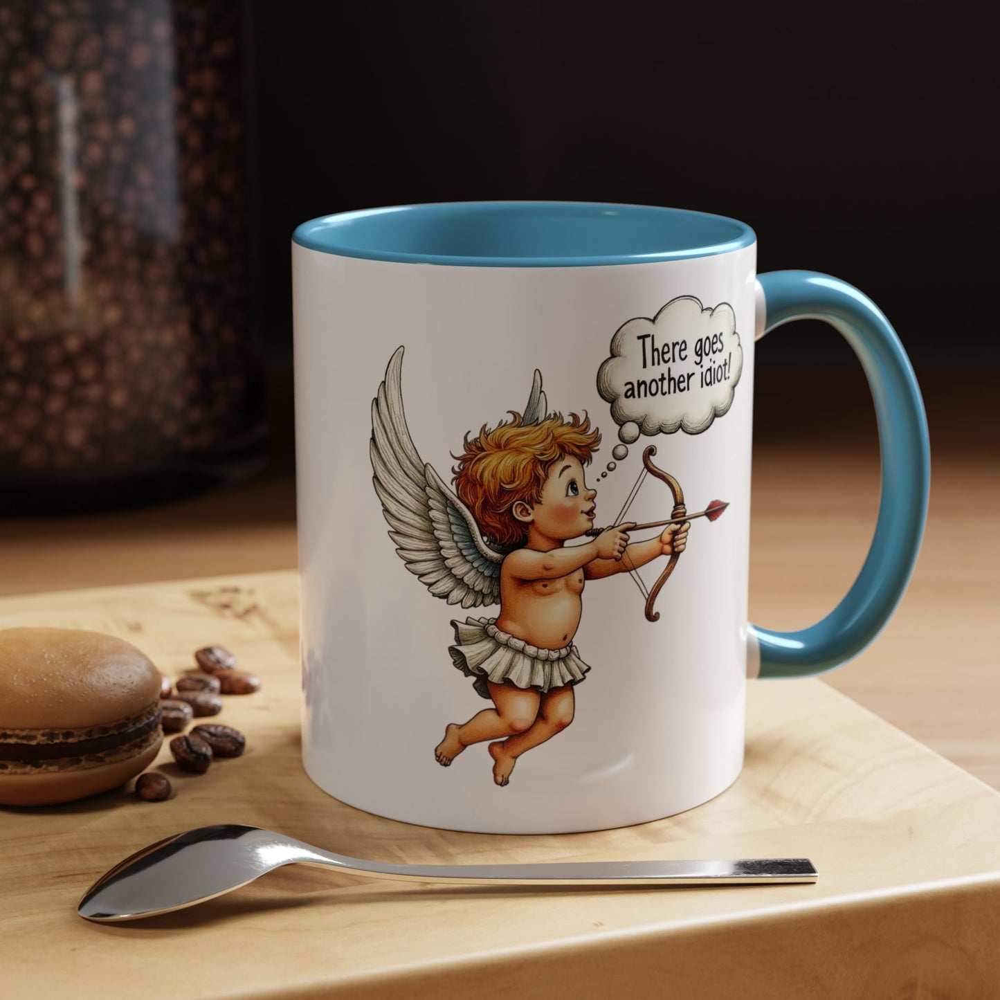 Cupid Coffee Mug — Vintage Cherub Saying "There goes another idiot!" Accent Mug
