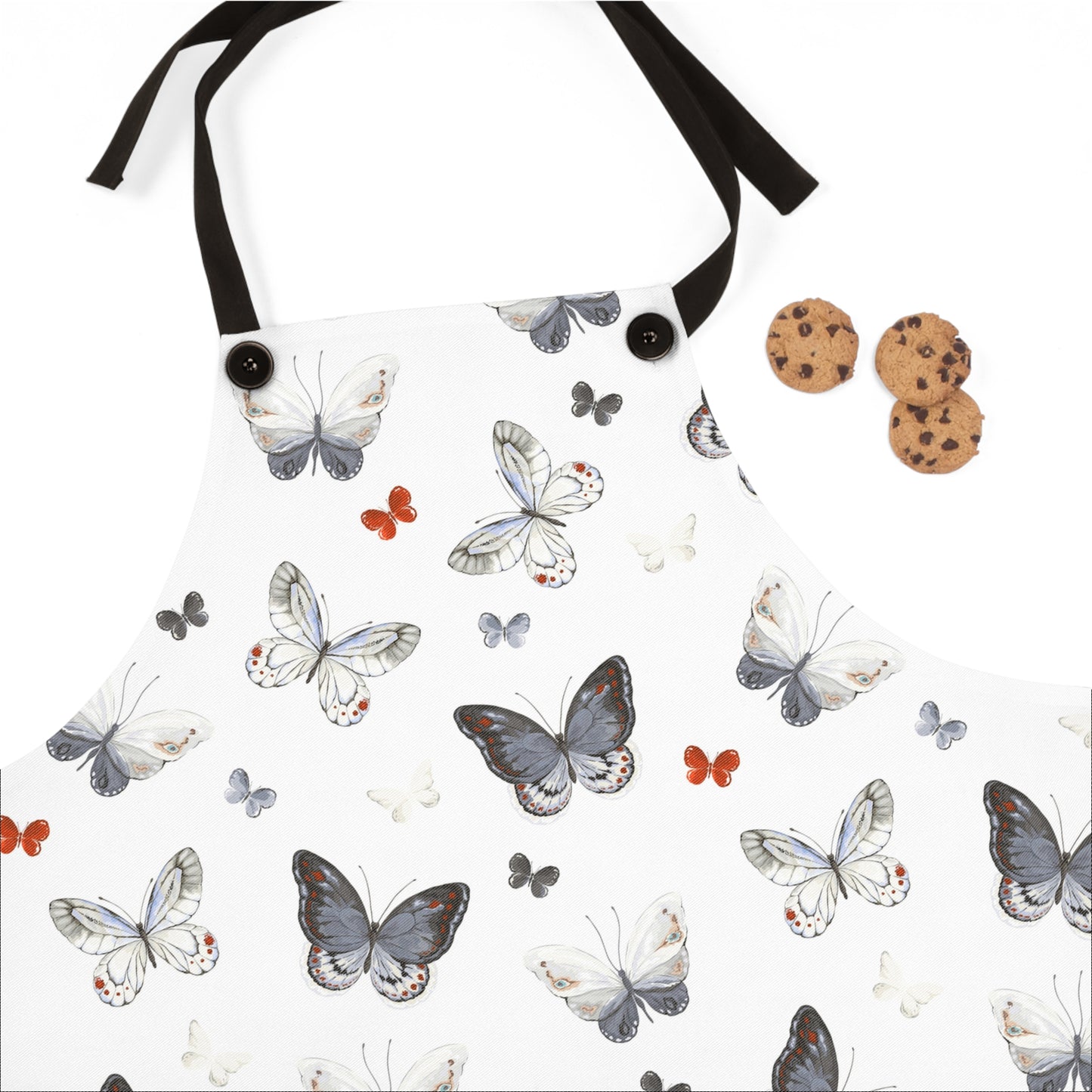Schürze mit Schmetterlingsmuster – Zarte graue und orangefarbene Schmetterlinge, leichte Küchenschürze