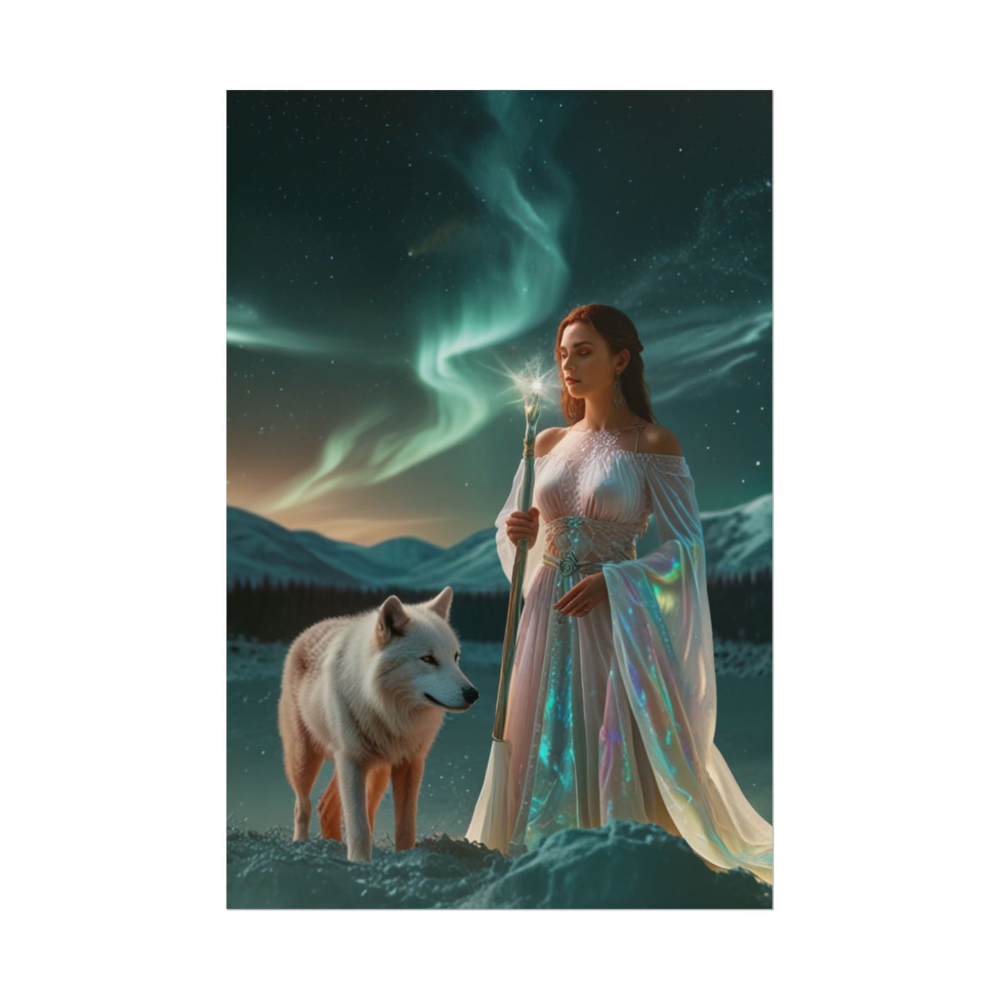 Aurora Guardian Poster – Fantasy-Frau mit weißem Wolf (Wandbild)