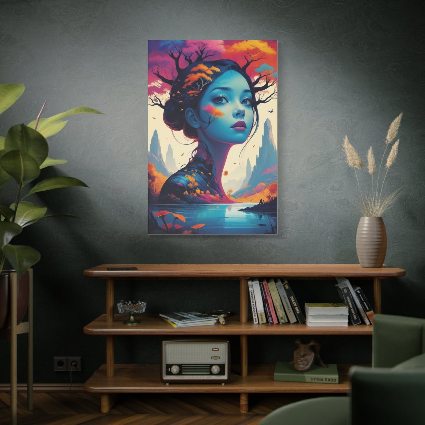 Surreal Blue Muse Matte Stretched Canvas Art — Dreamscape Portrait Wall Decor