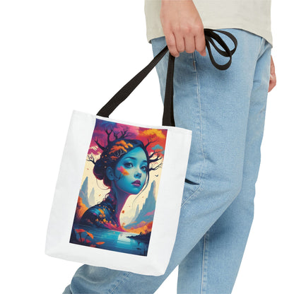 Artistic Blue Forest Maiden Tote Bag - Surreal Portrait All-Over Print