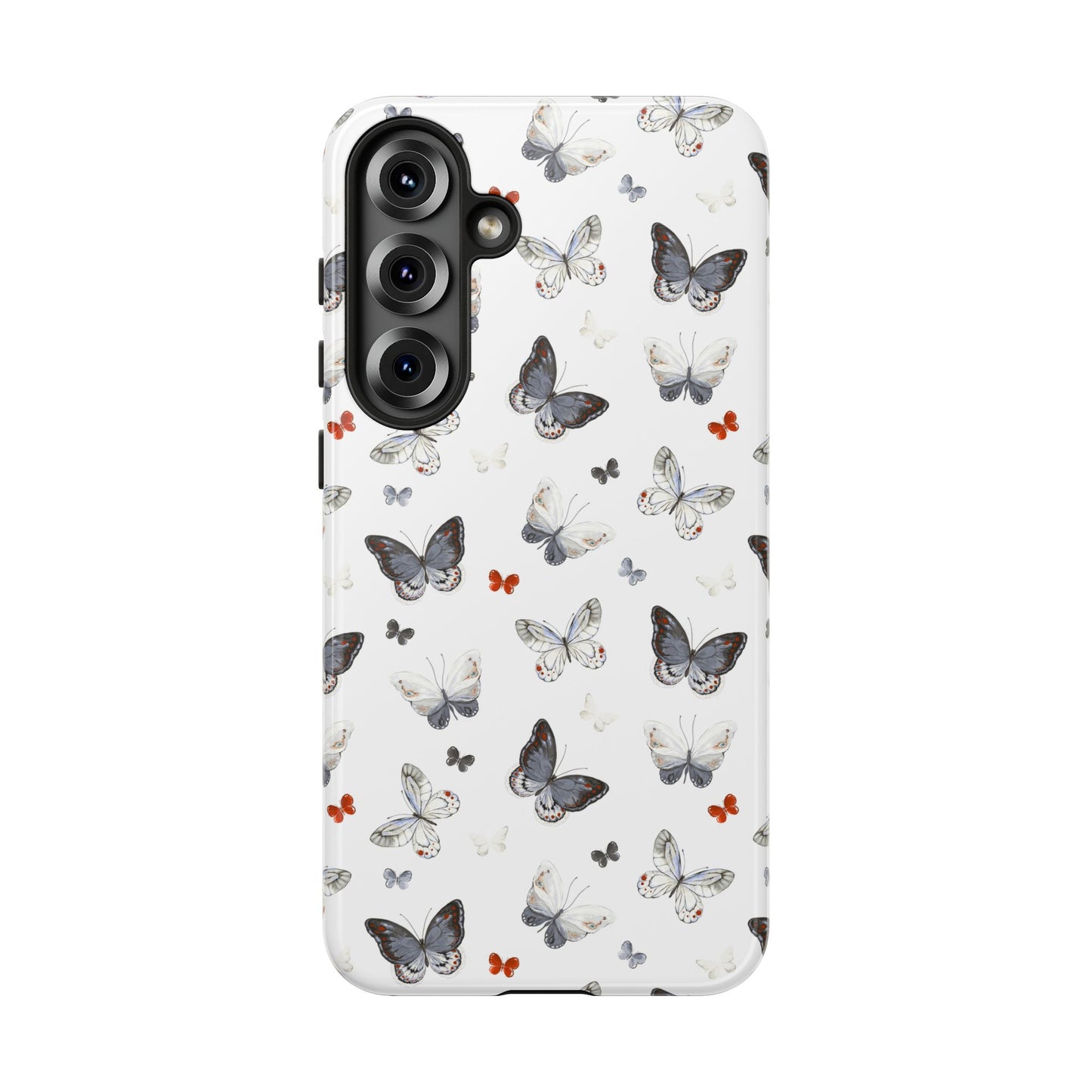 Funda para Samsung con diseño de mariposas: elegante funda protectora monocromática con detalles en rojo