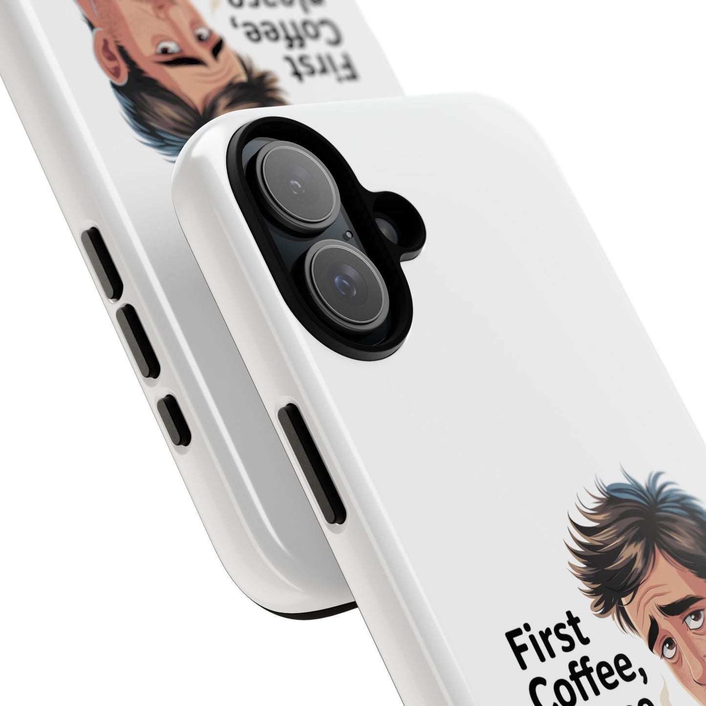 Funda para iPhone: "Primer café, por favor". Ilustración divertida del café de la mañana.