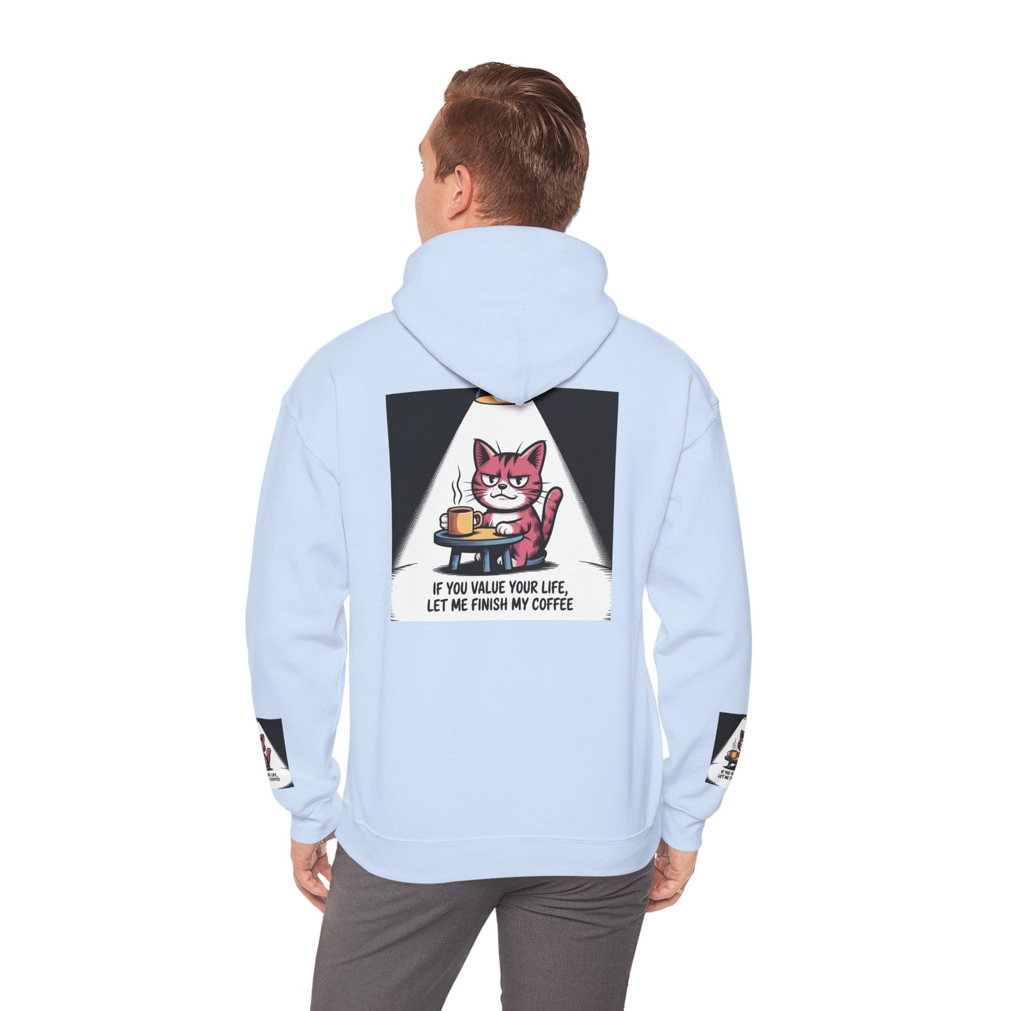 Coffee Cat Hoodie – „Wenn dir dein Leben lieb ist, lass mich meinen Kaffee austrinken“ Grafik-Hoodie