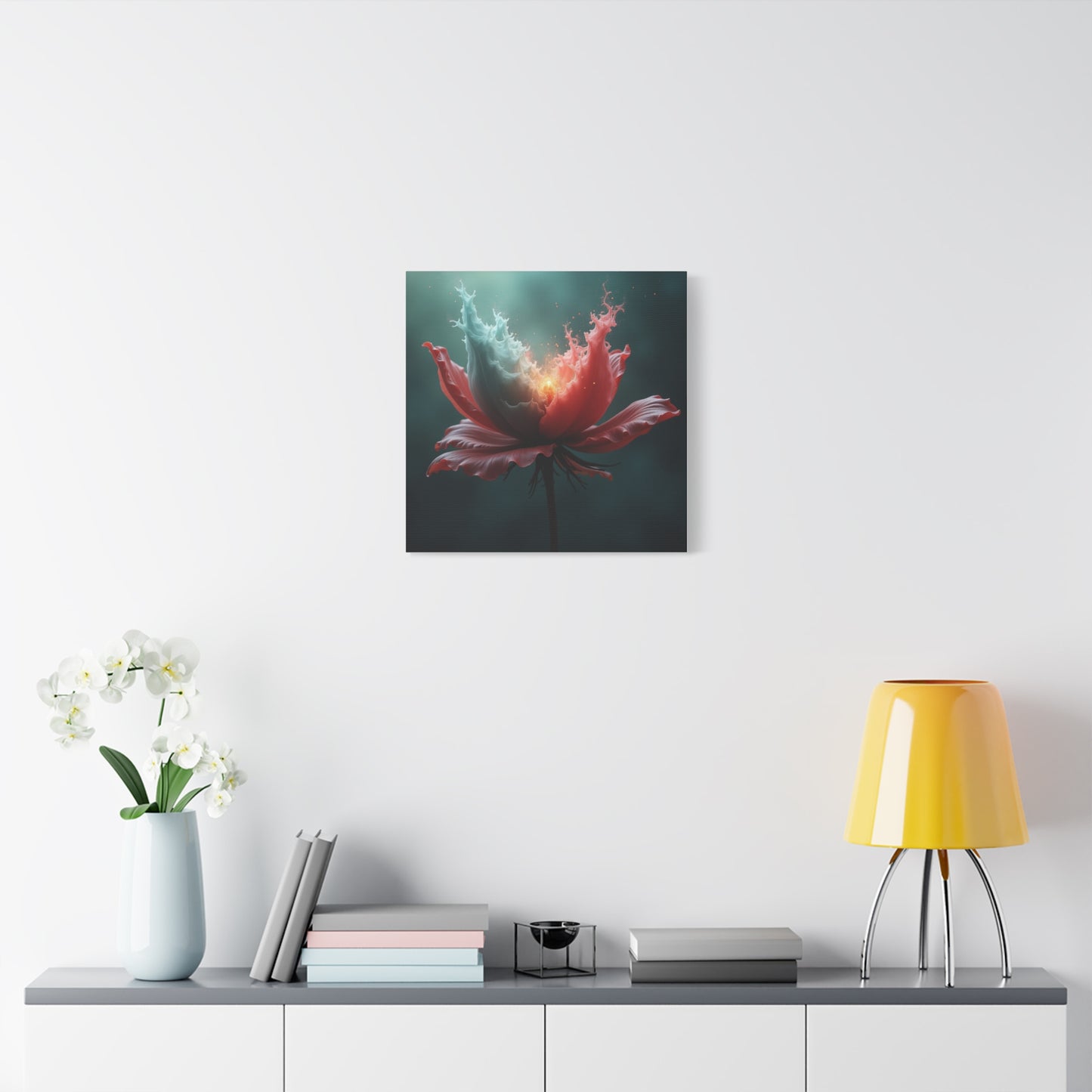 Surreal Bloom Canvas Art — Fiery Red & Teal Flower Matte Stretched Print