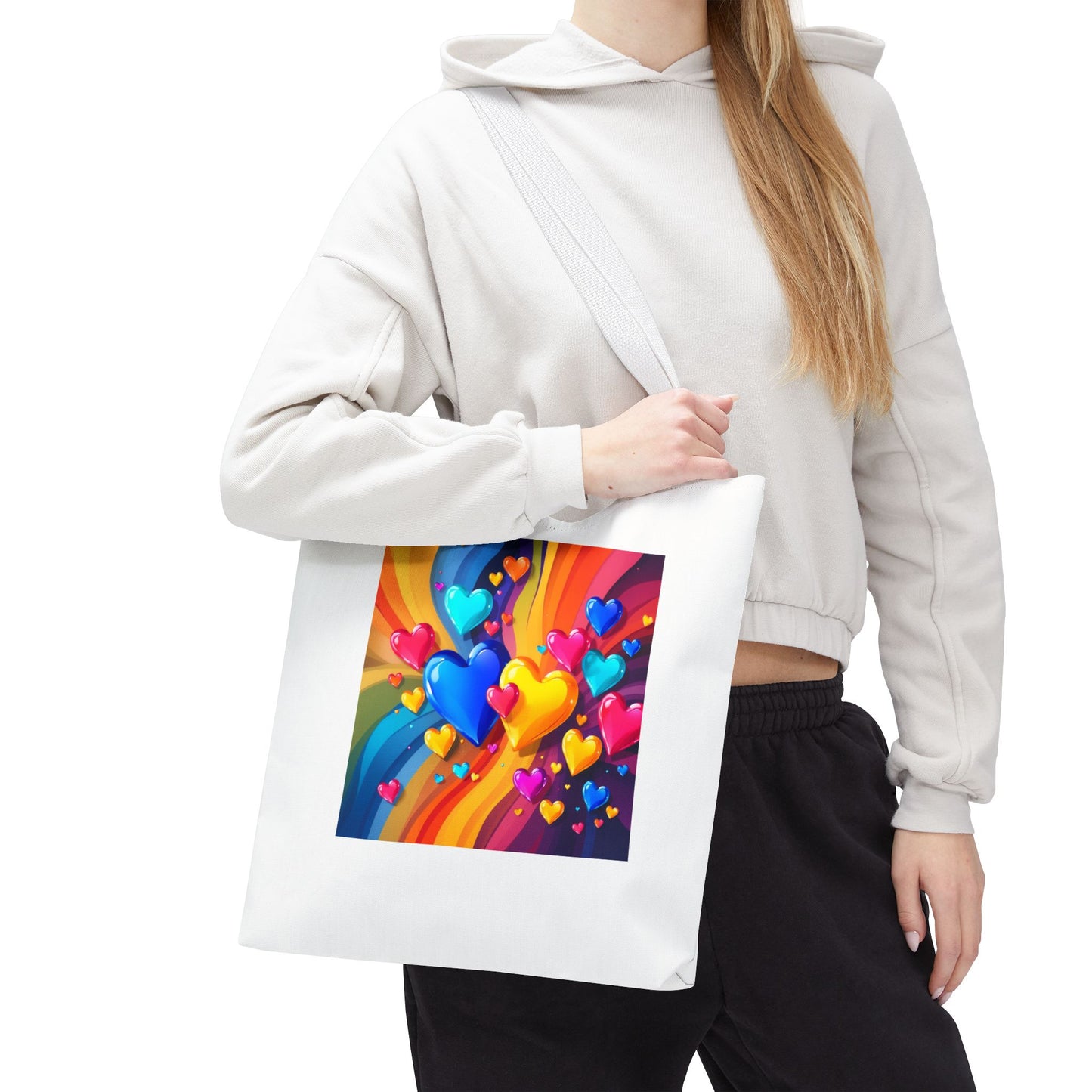 Colorful Heart Burst Tote Bag — Rainbow Love All-Over Print