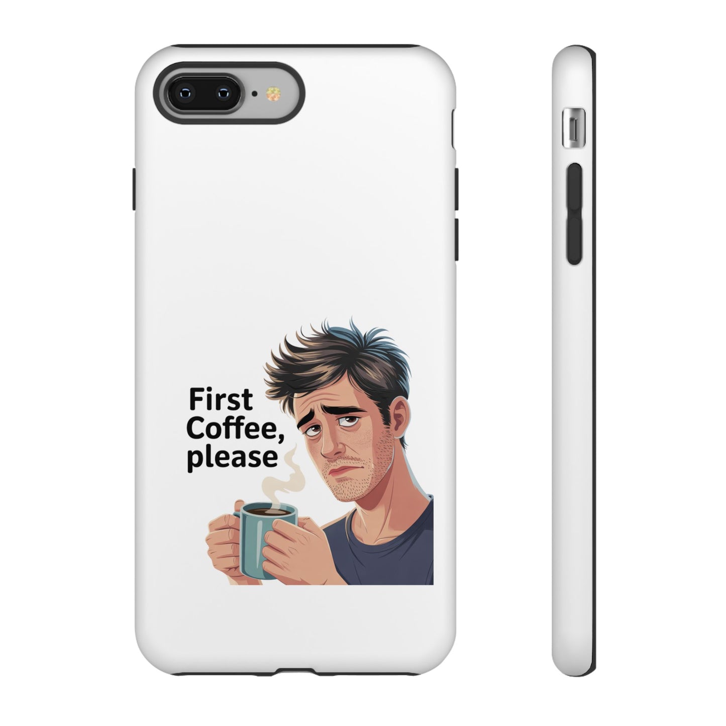 Funda para iPhone: "Primer café, por favor". Ilustración divertida del café de la mañana.