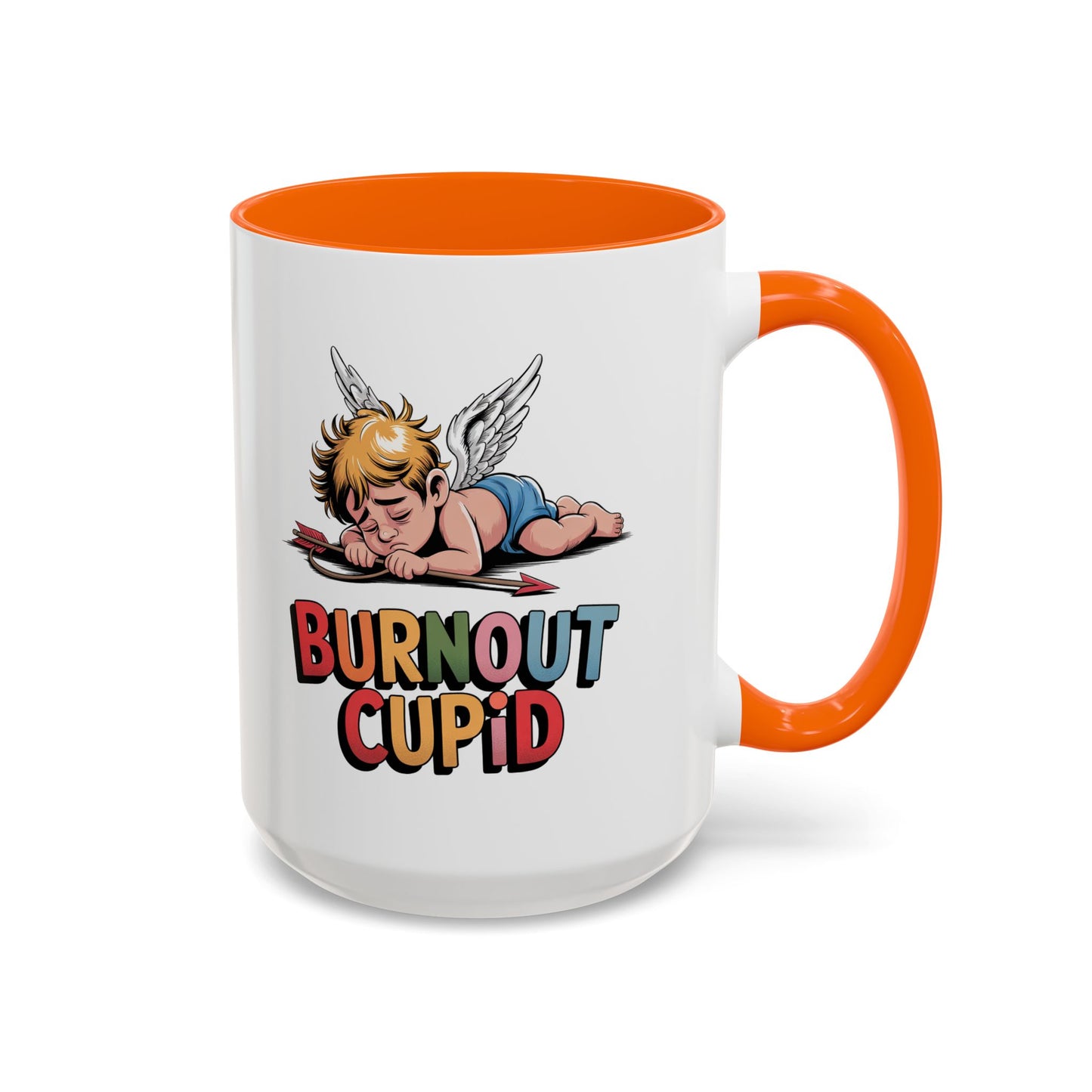 Burnout Cupid Coffee Mug — Cute Tired Cupid Accent Mug (11/15 oz)