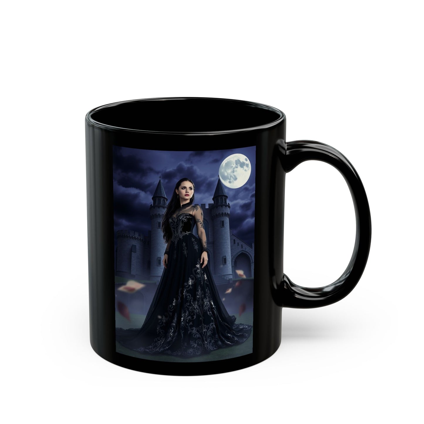 Gothic Moonlit Witch Black Coffee Mug — Dark Castle Night Scene (11oz/15oz)
