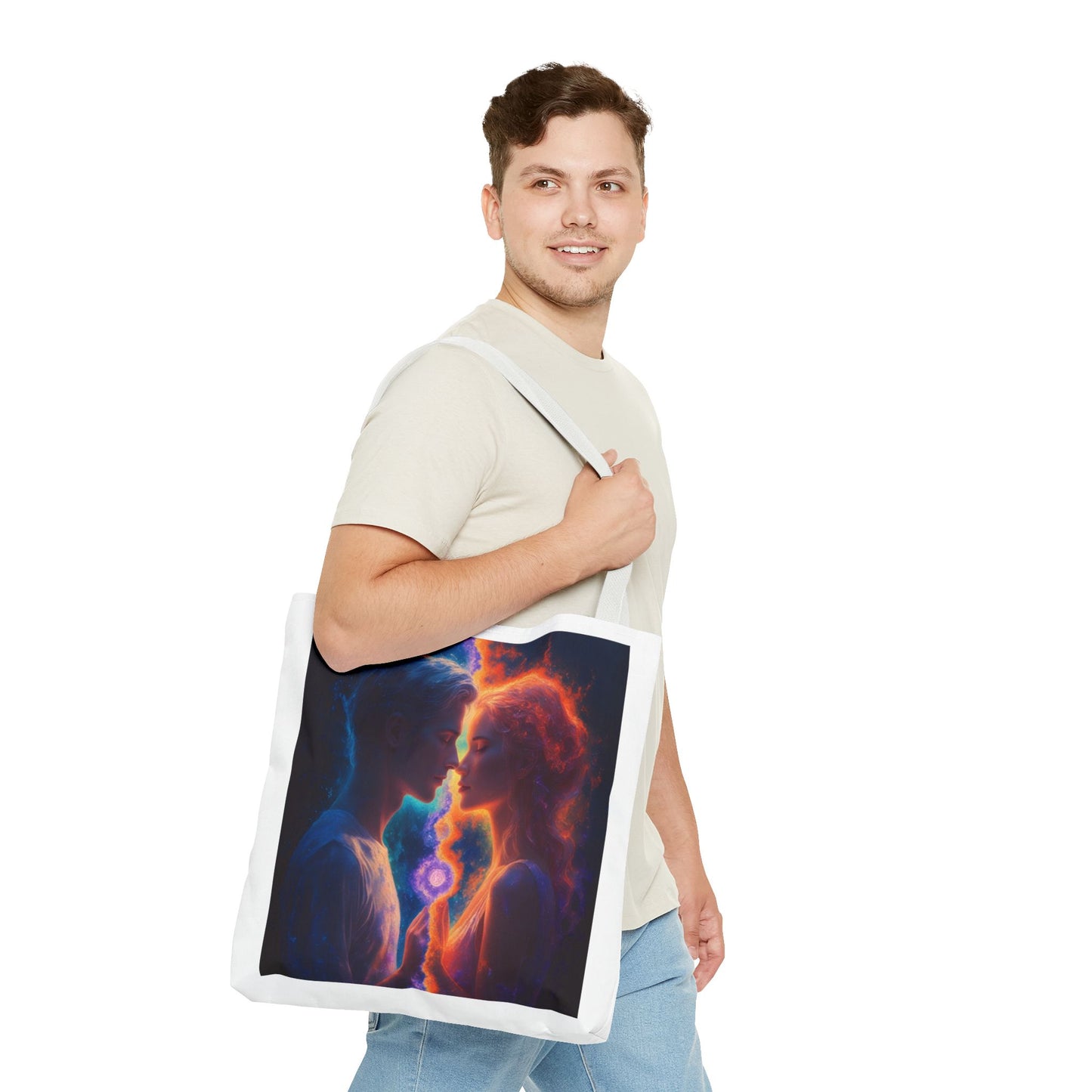 Cosmic Lovers Tote Bag — Flame & Ice Couple Art AOP