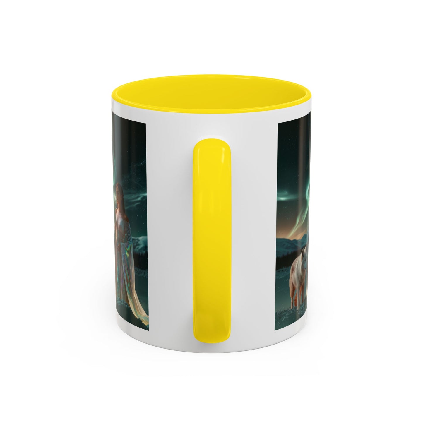 Taza de café Aurora Guardiana — Arte fantástico de mujer con lobo