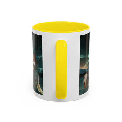 Taza de café Aurora Guardiana — Arte fantástico de mujer con lobo