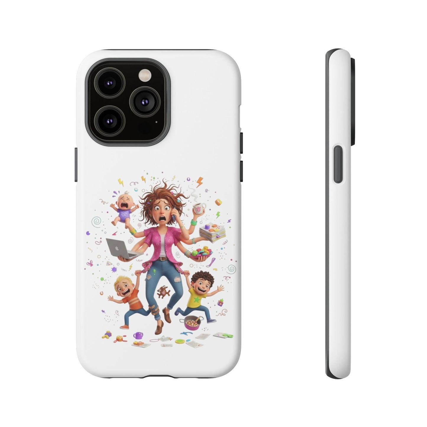 iPhone Phone Case — Hectic Mom Cartoon Design (Multitasking Mother, Kids & Chaos)