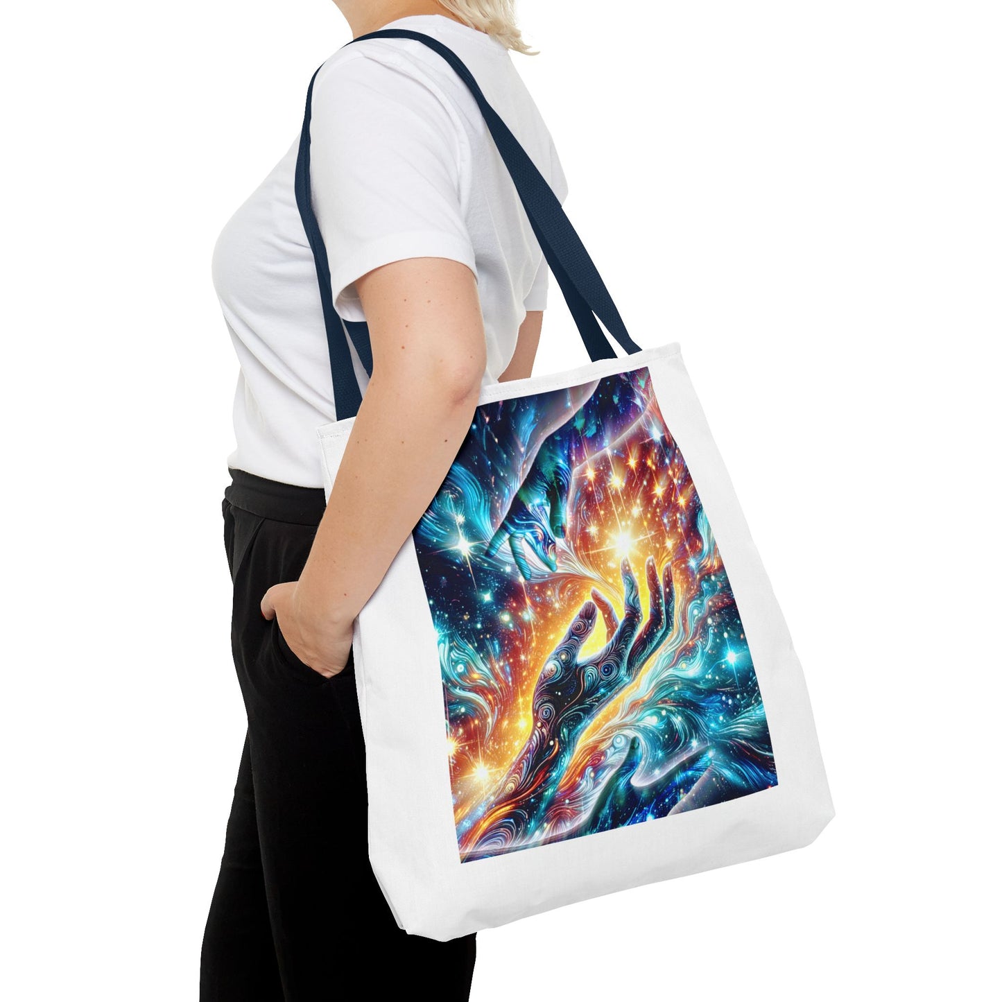Cosmic Hands Tote Bag — Vibrant Galaxy Art Tote for Everyday, Beach & Gifts