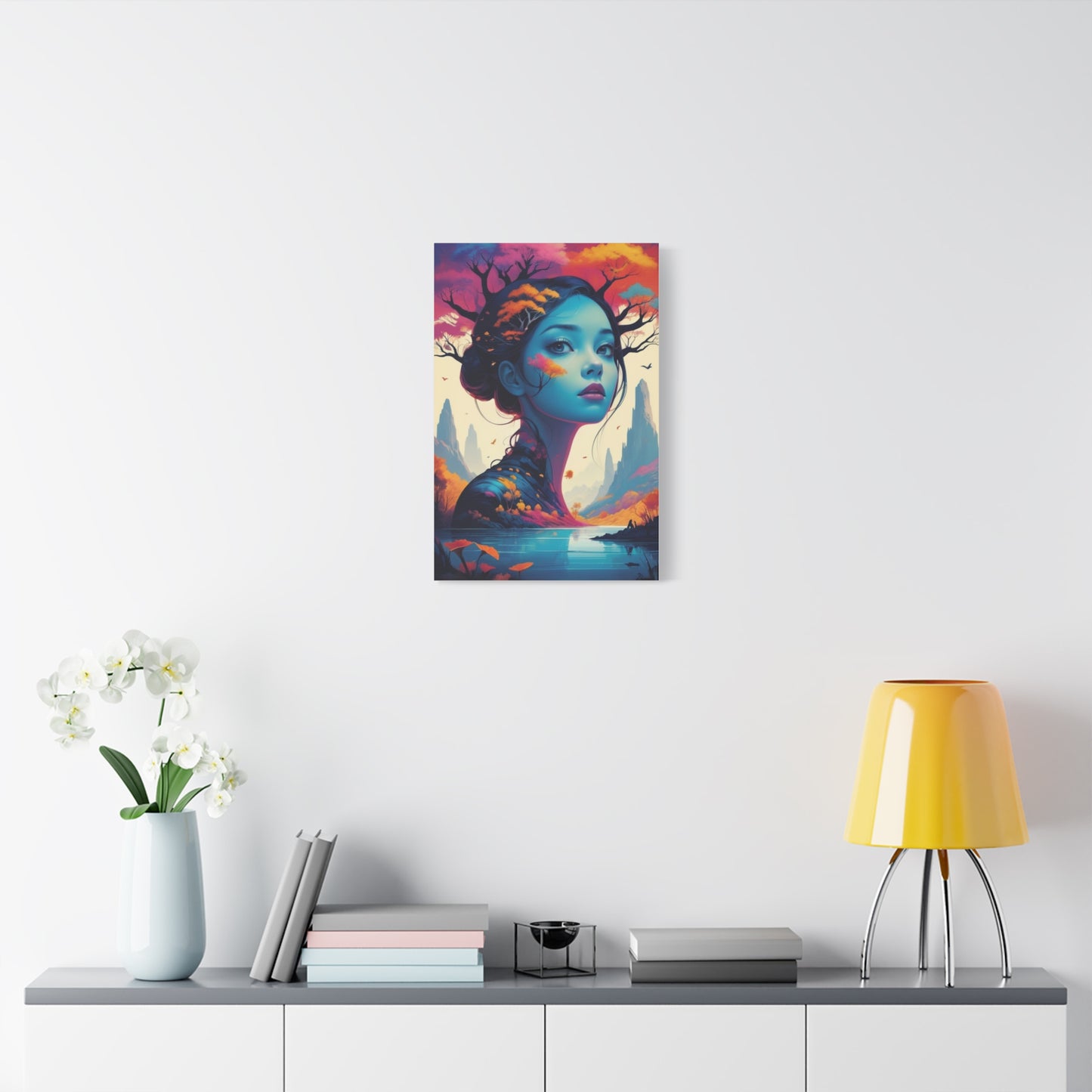 Surreal Blue Muse Matte Stretched Canvas Art — Dreamscape Portrait Wall Decor