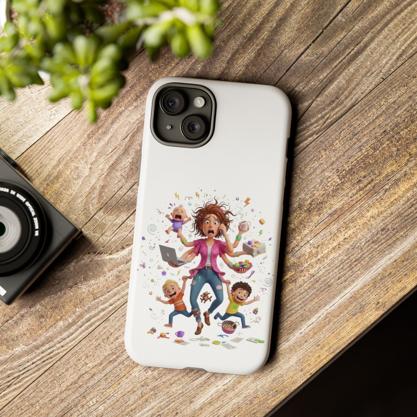 iPhone Phone Case — Hectic Mom Cartoon Design (Multitasking Mother, Kids & Chaos)