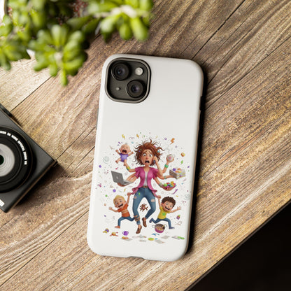 iPhone Phone Case — Hectic Mom Cartoon Design (Multitasking Mother, Kids & Chaos)