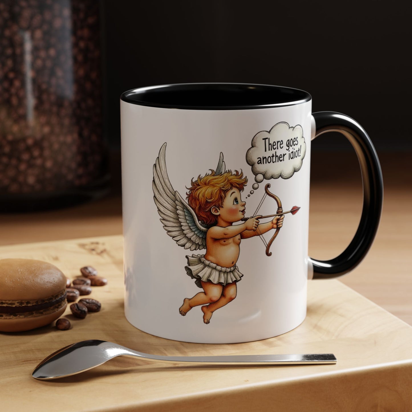 Cupid Coffee Mug — Vintage Cherub Saying "There goes another idiot!" Accent Mug