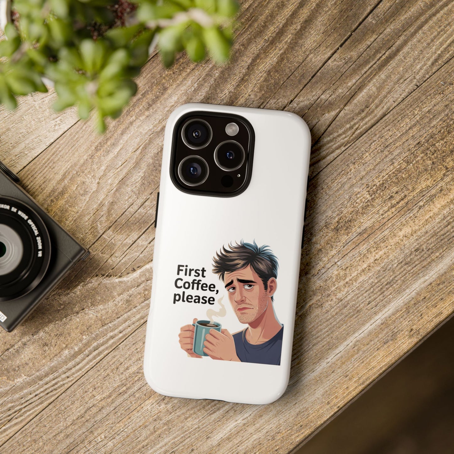 Funda para iPhone: "Primer café, por favor". Ilustración divertida del café de la mañana.