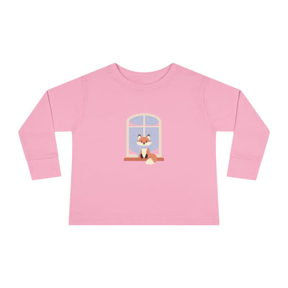 Toddler Long Sleeve Tee — Cozy Fox by Window Winter Sleepy Nursery Shirt