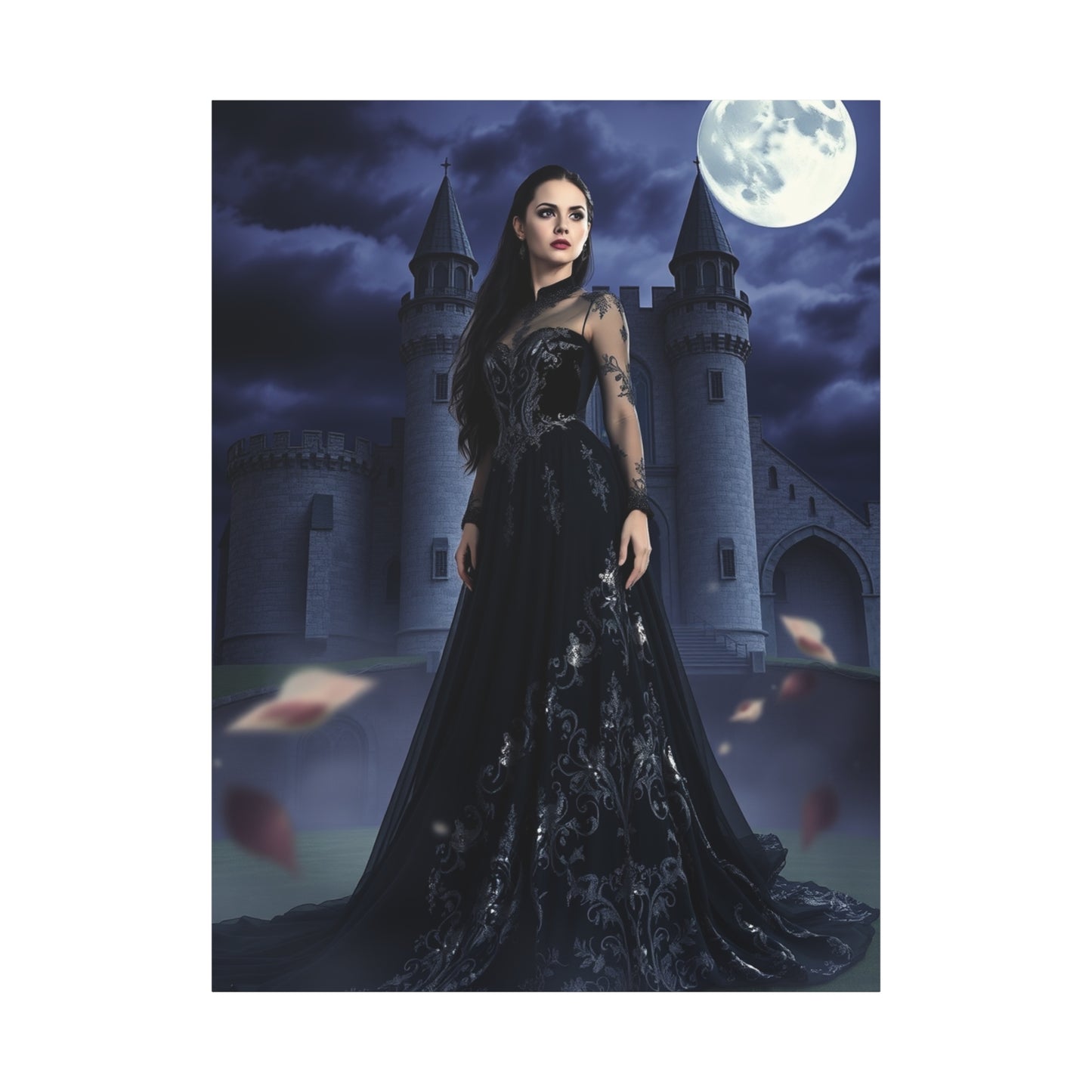 Gothic Moonlit Woman Matte Canvas Print — Dark Castle Wall Art